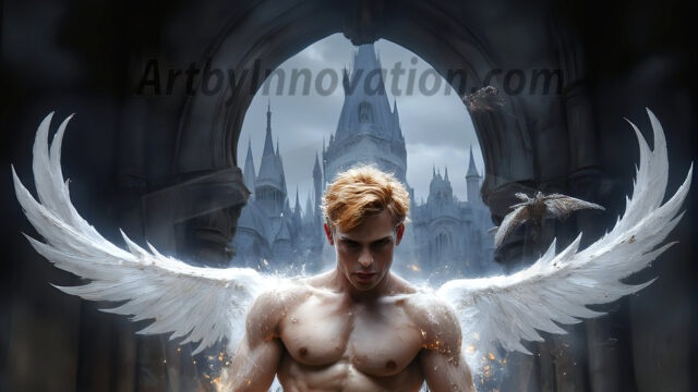 AI male art photos with a fantastical atmosphere. Imagine a Hogwarts School of Witchcraft student, from the Harry Potter series, a handsome, beautiful, and attractive, shirtless young teenage boy, standing firm against a threat. With a detailed Hogwarts castle background, casting a powerful spell, conjuring creatures based on their assigned house crest. From Demonic snakes, powerful lions, fierce badgers, or a murder of Crows. Dementors floating ominously in a cloudy sky, and sparks, shadows, and cinematic lighting, offering an otherworldly vibe.