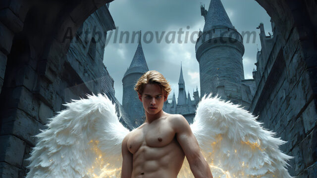 AI male art photos with a fantastical atmosphere. Imagine a Hogwarts School of Witchcraft student, from the Harry Potter series, a handsome, beautiful, and attractive, shirtless young teenage boy, standing firm against a threat. With a detailed Hogwarts castle background, casting a powerful spell, conjuring creatures based on their assigned house crest. From Demonic snakes, powerful lions, fierce badgers, or a murder of Crows. Dementors floating ominously in a cloudy sky, and sparks, shadows, and cinematic lighting, offering an otherworldly vibe.