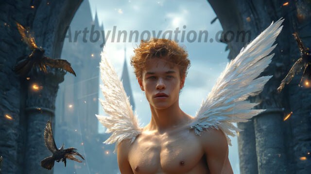 AI male art photos with a fantastical atmosphere. Imagine a Hogwarts School of Witchcraft student, from the Harry Potter series, a handsome, beautiful, and attractive, shirtless young teenage boy, standing firm against a threat. With a detailed Hogwarts castle background, casting a powerful spell, conjuring creatures based on their assigned house crest. From Demonic snakes, powerful lions, fierce badgers, or a murder of Crows. Dementors floating ominously in a cloudy sky, and sparks, shadows, and cinematic lighting, offering an otherworldly vibe.