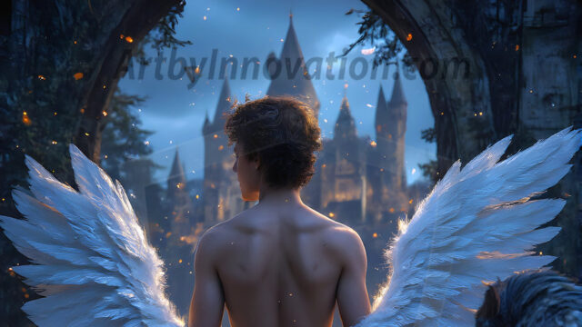 AI male art photos with a fantastical atmosphere. Imagine a Hogwarts School of Witchcraft student, from the Harry Potter series, a handsome, beautiful, and attractive, shirtless young teenage boy, standing firm against a threat. With a detailed Hogwarts castle background, casting a powerful spell, conjuring creatures based on their assigned house crest. From Demonic snakes, powerful lions, fierce badgers, or a murder of Crows. Dementors floating ominously in a cloudy sky, and sparks, shadows, and cinematic lighting, offering an otherworldly vibe.