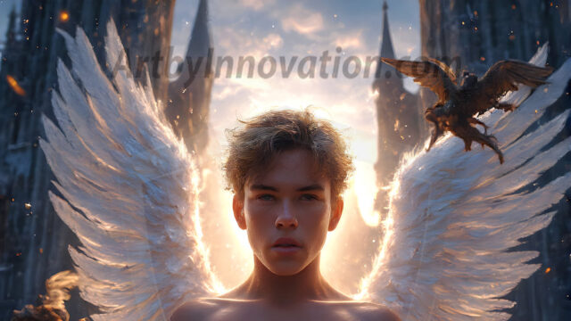 AI male art photos with a fantastical atmosphere. Imagine a Hogwarts School of Witchcraft student, from the Harry Potter series, a handsome, beautiful, and attractive, shirtless young teenage boy, standing firm against a threat. With a detailed Hogwarts castle background, casting a powerful spell, conjuring creatures based on their assigned house crest. From Demonic snakes, powerful lions, fierce badgers, or a murder of Crows. Dementors floating ominously in a cloudy sky, and sparks, shadows, and cinematic lighting, offering an otherworldly vibe.