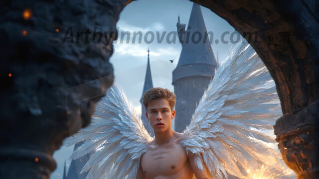 AI male art photos with a fantastical atmosphere. Imagine a Hogwarts School of Witchcraft student, from the Harry Potter series, a handsome, beautiful, and attractive, shirtless young teenage boy, standing firm against a threat. With a detailed Hogwarts castle background, casting a powerful spell, conjuring creatures based on their assigned house crest. From Demonic snakes, powerful lions, fierce badgers, or a murder of Crows. Dementors floating ominously in a cloudy sky, and sparks, shadows, and cinematic lighting, offering an otherworldly vibe.