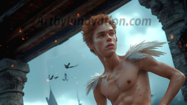 AI male art photos with a fantastical atmosphere. Imagine a Hogwarts School of Witchcraft student, from the Harry Potter series, a handsome, beautiful, and attractive, shirtless young teenage boy, standing firm against a threat. With a detailed Hogwarts castle background, casting a powerful spell, conjuring creatures based on their assigned house crest. From Demonic snakes, powerful lions, fierce badgers, or a murder of Crows. Dementors floating ominously in a cloudy sky, and sparks, shadows, and cinematic lighting, offering an otherworldly vibe.