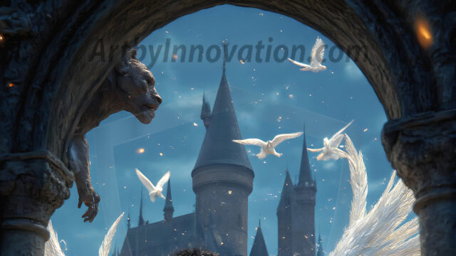 AI male art photos with a fantastical atmosphere. Imagine a Hogwarts School of Witchcraft student, from the Harry Potter series, a handsome, beautiful, and attractive, shirtless young teenage boy, standing firm against a threat. With a detailed Hogwarts castle background, casting a powerful spell, conjuring creatures based on their assigned house crest. From Demonic snakes, powerful lions, fierce badgers, or a murder of Crows. Dementors floating ominously in a cloudy sky, and sparks, shadows, and cinematic lighting, offering an otherworldly vibe.