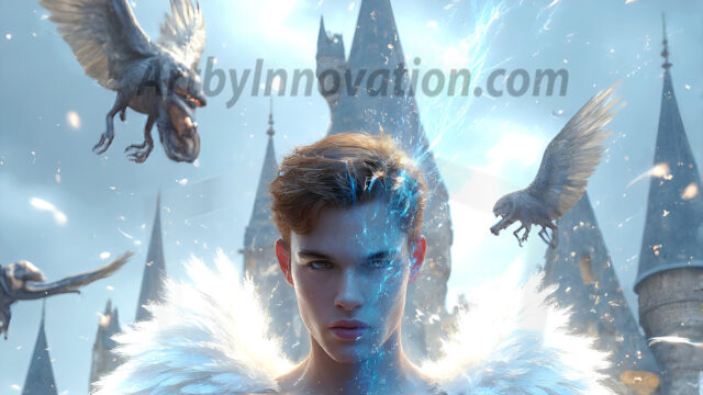 AI male art photos with a fantastical atmosphere. Imagine a Hogwarts School of Witchcraft student, from the Harry Potter series, a handsome, beautiful, and attractive, shirtless young teenage boy, standing firm against a threat. With a detailed Hogwarts castle background, casting a powerful spell, conjuring creatures based on their assigned house crest. From Demonic snakes, powerful lions, fierce badgers, or a murder of Crows. Dementors floating ominously in a cloudy sky, and sparks, shadows, and cinematic lighting, offering an otherworldly vibe.