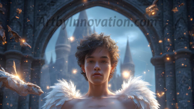AI male art photos with a fantastical atmosphere. Imagine a Hogwarts School of Witchcraft student, from the Harry Potter series, a handsome, beautiful, and attractive, shirtless young teenage boy, standing firm against a threat. With a detailed Hogwarts castle background, casting a powerful spell, conjuring creatures based on their assigned house crest. From Demonic snakes, powerful lions, fierce badgers, or a murder of Crows. Dementors floating ominously in a cloudy sky, and sparks, shadows, and cinematic lighting, offering an otherworldly vibe.