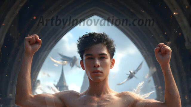 AI male art photos with a fantastical atmosphere. Imagine a Hogwarts School of Witchcraft student, from the Harry Potter series, a handsome, beautiful, and attractive, shirtless young teenage boy, standing firm against a threat. With a detailed Hogwarts castle background, casting a powerful spell, conjuring creatures based on their assigned house crest. From Demonic snakes, powerful lions, fierce badgers, or a murder of Crows. Dementors floating ominously in a cloudy sky, and sparks, shadows, and cinematic lighting, offering an otherworldly vibe.