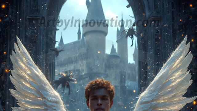 AI male art photos with a fantastical atmosphere. Imagine a Hogwarts School of Witchcraft student, from the Harry Potter series, a handsome, beautiful, and attractive, shirtless young teenage boy, standing firm against a threat. With a detailed Hogwarts castle background, casting a powerful spell, conjuring creatures based on their assigned house crest. From Demonic snakes, powerful lions, fierce badgers, or a murder of Crows. Dementors floating ominously in a cloudy sky, and sparks, shadows, and cinematic lighting, offering an otherworldly vibe.