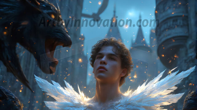 AI male art photos with a fantastical atmosphere. Imagine a Hogwarts School of Witchcraft student, from the Harry Potter series, a handsome, beautiful, and attractive, shirtless young teenage boy, standing firm against a threat. With a detailed Hogwarts castle background, casting a powerful spell, conjuring creatures based on their assigned house crest. From Demonic snakes, powerful lions, fierce badgers, or a murder of Crows. Dementors floating ominously in a cloudy sky, and sparks, shadows, and cinematic lighting, offering an otherworldly vibe.