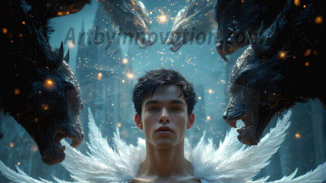 AI male art photos with a fantastical atmosphere. Imagine a Hogwarts School of Witchcraft student, from the Harry Potter series, a handsome, beautiful, and attractive, shirtless young teenage boy, standing firm against a threat. With a detailed Hogwarts castle background, casting a powerful spell, conjuring creatures based on their assigned house crest. From Demonic snakes, powerful lions, fierce badgers, or a murder of Crows. Dementors floating ominously in a cloudy sky, and sparks, shadows, and cinematic lighting, offering an otherworldly vibe.