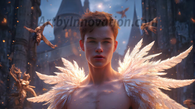 AI male art photos with a fantastical atmosphere. Imagine a Hogwarts School of Witchcraft student, from the Harry Potter series, a handsome, beautiful, and attractive, shirtless young teenage boy, standing firm against a threat. With a detailed Hogwarts castle background, casting a powerful spell, conjuring creatures based on their assigned house crest. From Demonic snakes, powerful lions, fierce badgers, or a murder of Crows. Dementors floating ominously in a cloudy sky, and sparks, shadows, and cinematic lighting, offering an otherworldly vibe.