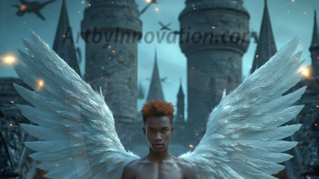 AI male art photos with a fantastical atmosphere. Imagine a Hogwarts School of Witchcraft student, from the Harry Potter series, a handsome, beautiful, and attractive, shirtless young teenage boy, standing firm against a threat. With a detailed Hogwarts castle background, casting a powerful spell, conjuring creatures based on their assigned house crest. From Demonic snakes, powerful lions, fierce badgers, or a murder of Crows. Dementors floating ominously in a cloudy sky, and sparks, shadows, and cinematic lighting, offering an otherworldly vibe.