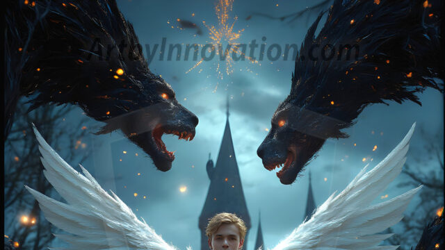 AI male art photos with a fantastical atmosphere. Imagine a Hogwarts School of Witchcraft student, from the Harry Potter series, a handsome, beautiful, and attractive, shirtless young teenage boy, standing firm against a threat. With a detailed Hogwarts castle background, casting a powerful spell, conjuring creatures based on their assigned house crest. From Demonic snakes, powerful lions, fierce badgers, or a murder of Crows. Dementors floating ominously in a cloudy sky, and sparks, shadows, and cinematic lighting, offering an otherworldly vibe.