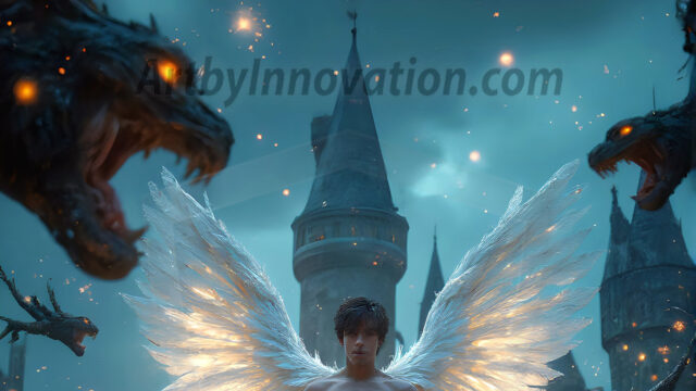 AI male art photos with a fantastical atmosphere. Imagine a Hogwarts School of Witchcraft student, from the Harry Potter series, a handsome, beautiful, and attractive, shirtless young teenage boy, standing firm against a threat. With a detailed Hogwarts castle background, casting a powerful spell, conjuring creatures based on their assigned house crest. From Demonic snakes, powerful lions, fierce badgers, or a murder of Crows. Dementors floating ominously in a cloudy sky, and sparks, shadows, and cinematic lighting, offering an otherworldly vibe.