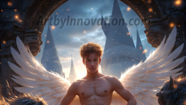 AI male art photos with a fantastical atmosphere. Imagine a Hogwarts School of Witchcraft student, from the Harry Potter series, a handsome, beautiful, and attractive, shirtless young teenage boy, standing firm against a threat. With a detailed Hogwarts castle background, casting a powerful spell, conjuring creatures based on their assigned house crest. From Demonic snakes, powerful lions, fierce badgers, or a murder of Crows. Dementors floating ominously in a cloudy sky, and sparks, shadows, and cinematic lighting, offering an otherworldly vibe.