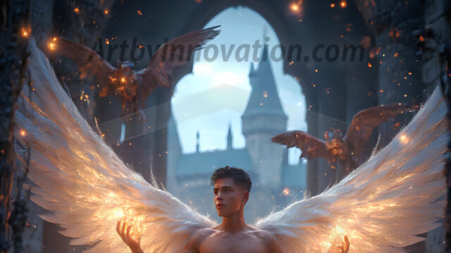 AI male art photos with a fantastical atmosphere. Imagine a Hogwarts School of Witchcraft student, from the Harry Potter series, a handsome, beautiful, and attractive, shirtless young teenage boy, standing firm against a threat. With a detailed Hogwarts castle background, casting a powerful spell, conjuring creatures based on their assigned house crest. From Demonic snakes, powerful lions, fierce badgers, or a murder of Crows. Dementors floating ominously in a cloudy sky, and sparks, shadows, and cinematic lighting, offering an otherworldly vibe.