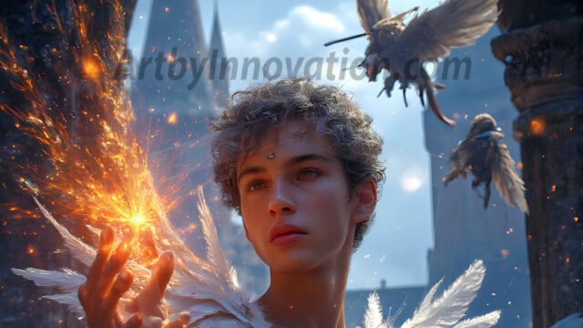 AI male art photos with a fantastical atmosphere. Imagine a Hogwarts School of Witchcraft student, from the Harry Potter series, a handsome, beautiful, and attractive, shirtless young teenage boy, standing firm against a threat. With a detailed Hogwarts castle background, casting a powerful spell, conjuring creatures based on their assigned house crest. From Demonic snakes, powerful lions, fierce badgers, or a murder of Crows. Dementors floating ominously in a cloudy sky, and sparks, shadows, and cinematic lighting, offering an otherworldly vibe.