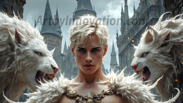 AI male art photos with a fantastical atmosphere. Imagine a Hogwarts School of Witchcraft student, from the Harry Potter series, a handsome, beautiful, and attractive, shirtless young teenage boy, standing firm against a threat. With a detailed Hogwarts castle background, casting a powerful spell, conjuring creatures based on their assigned house crest. From Demonic snakes, powerful lions, fierce badgers, or a murder of Crows. Dementors floating ominously in a cloudy sky, and sparks, shadows, and cinematic lighting, offering an otherworldly vibe.