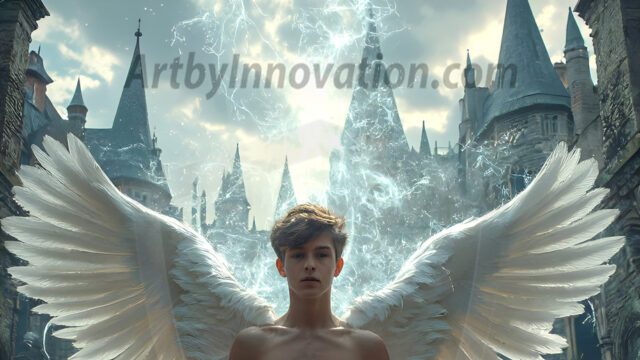 AI male art photos with a fantastical atmosphere. Imagine a Hogwarts School of Witchcraft student, from the Harry Potter series, a handsome, beautiful, and attractive, shirtless young teenage boy, standing firm against a threat. With a detailed Hogwarts castle background, casting a powerful spell, conjuring creatures based on their assigned house crest. From Demonic snakes, powerful lions, fierce badgers, or a murder of Crows. Dementors floating ominously in a cloudy sky, and sparks, shadows, and cinematic lighting, offering an otherworldly vibe.