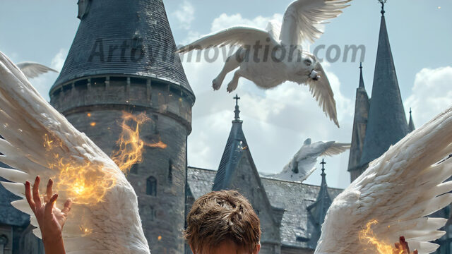 AI male art photos with a fantastical atmosphere. Imagine a Hogwarts School of Witchcraft student, from the Harry Potter series, a handsome, beautiful, and attractive, shirtless young teenage boy, standing firm against a threat. With a detailed Hogwarts castle background, casting a powerful spell, conjuring creatures based on their assigned house crest. From Demonic snakes, powerful lions, fierce badgers, or a murder of Crows. Dementors floating ominously in a cloudy sky, and sparks, shadows, and cinematic lighting, offering an otherworldly vibe.