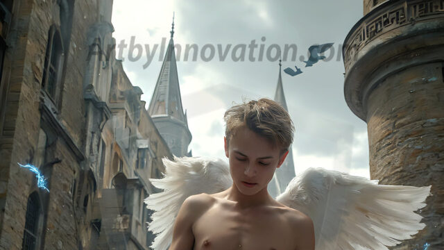 AI male art photos with a fantastical atmosphere. Imagine a Hogwarts School of Witchcraft student, from the Harry Potter series, a handsome, beautiful, and attractive, shirtless young teenage boy, standing firm against a threat. With a detailed Hogwarts castle background, casting a powerful spell, conjuring creatures based on their assigned house crest. From Demonic snakes, powerful lions, fierce badgers, or a murder of Crows. Dementors floating ominously in a cloudy sky, and sparks, shadows, and cinematic lighting, offering an otherworldly vibe.