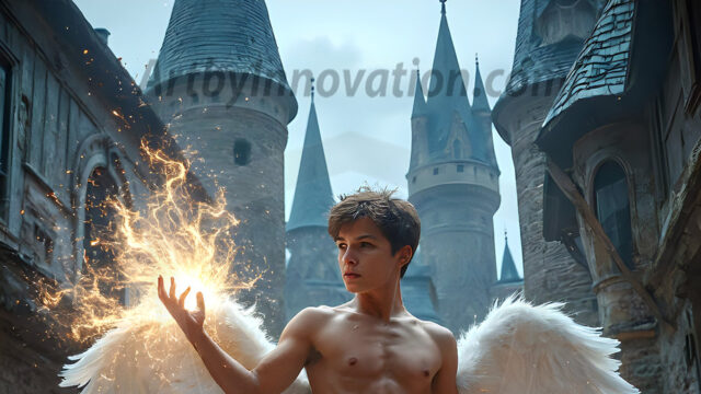 AI male art photos with a fantastical atmosphere. Imagine a Hogwarts School of Witchcraft student, from the Harry Potter series, a handsome, beautiful, and attractive, shirtless young teenage boy, standing firm against a threat. With a detailed Hogwarts castle background, casting a powerful spell, conjuring creatures based on their assigned house crest. From Demonic snakes, powerful lions, fierce badgers, or a murder of Crows. Dementors floating ominously in a cloudy sky, and sparks, shadows, and cinematic lighting, offering an otherworldly vibe.