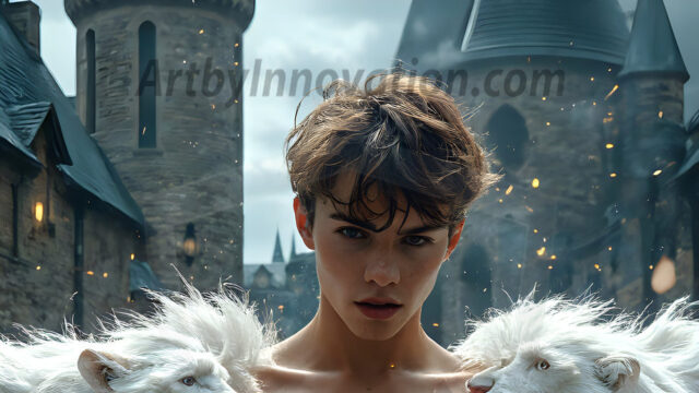 AI male art photos with a fantastical atmosphere. Imagine a Hogwarts School of Witchcraft student, from the Harry Potter series, a handsome, beautiful, and attractive, shirtless young teenage boy, standing firm against a threat. With a detailed Hogwarts castle background, casting a powerful spell, conjuring creatures based on their assigned house crest. From Demonic snakes, powerful lions, fierce badgers, or a murder of Crows. Dementors floating ominously in a cloudy sky, and sparks, shadows, and cinematic lighting, offering an otherworldly vibe.