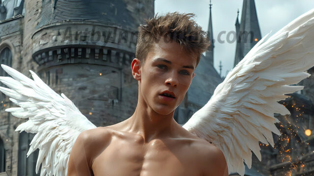 AI male art photos with a fantastical atmosphere. Imagine a Hogwarts School of Witchcraft student, from the Harry Potter series, a handsome, beautiful, and attractive, shirtless young teenage boy, standing firm against a threat. With a detailed Hogwarts castle background, casting a powerful spell, conjuring creatures based on their assigned house crest. From Demonic snakes, powerful lions, fierce badgers, or a murder of Crows. Dementors floating ominously in a cloudy sky, and sparks, shadows, and cinematic lighting, offering an otherworldly vibe.