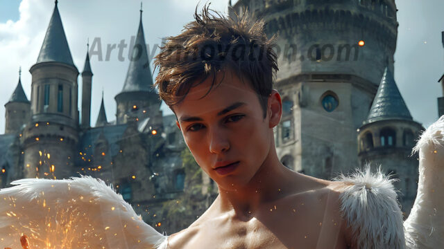 AI male art photos with a fantastical atmosphere. Imagine a Hogwarts School of Witchcraft student, from the Harry Potter series, a handsome, beautiful, and attractive, shirtless young teenage boy, standing firm against a threat. With a detailed Hogwarts castle background, casting a powerful spell, conjuring creatures based on their assigned house crest. From Demonic snakes, powerful lions, fierce badgers, or a murder of Crows. Dementors floating ominously in a cloudy sky, and sparks, shadows, and cinematic lighting, offering an otherworldly vibe.
