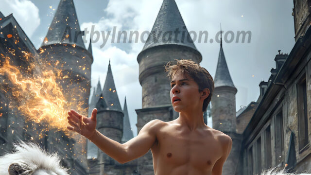AI male art photos with a fantastical atmosphere. Imagine a Hogwarts School of Witchcraft student, from the Harry Potter series, a handsome, beautiful, and attractive, shirtless young teenage boy, standing firm against a threat. With a detailed Hogwarts castle background, casting a powerful spell, conjuring creatures based on their assigned house crest. From Demonic snakes, powerful lions, fierce badgers, or a murder of Crows. Dementors floating ominously in a cloudy sky, and sparks, shadows, and cinematic lighting, offering an otherworldly vibe.