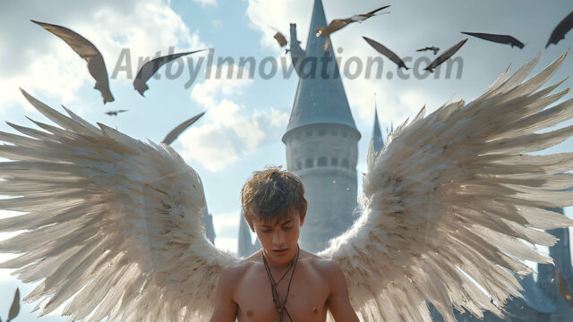 AI male art photos with a fantastical atmosphere. Imagine a Hogwarts School of Witchcraft student, from the Harry Potter series, a handsome, beautiful, and attractive, shirtless young teenage boy, standing firm against a threat. With a detailed Hogwarts castle background, casting a powerful spell, conjuring creatures based on their assigned house crest. From Demonic snakes, powerful lions, fierce badgers, or a murder of Crows. Dementors floating ominously in a cloudy sky, and sparks, shadows, and cinematic lighting, offering an otherworldly vibe.