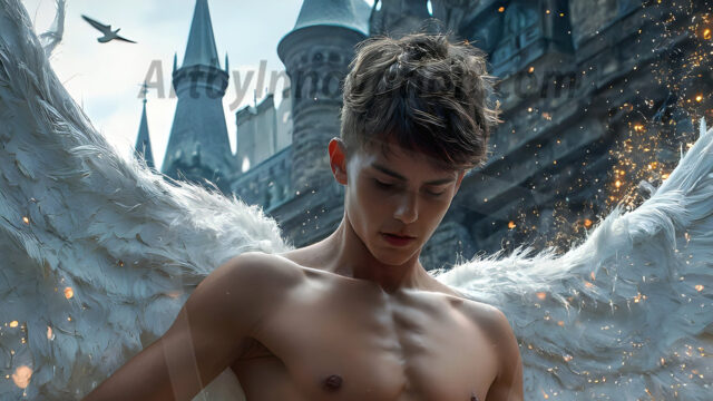 AI male art photos with a fantastical atmosphere. Imagine a Hogwarts School of Witchcraft student, from the Harry Potter series, a handsome, beautiful, and attractive, shirtless young teenage boy, standing firm against a threat. With a detailed Hogwarts castle background, casting a powerful spell, conjuring creatures based on their assigned house crest. From Demonic snakes, powerful lions, fierce badgers, or a murder of Crows. Dementors floating ominously in a cloudy sky, and sparks, shadows, and cinematic lighting, offering an otherworldly vibe.