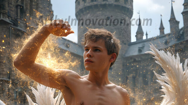 AI male art photos with a fantastical atmosphere. Imagine a Hogwarts School of Witchcraft student, from the Harry Potter series, a handsome, beautiful, and attractive, shirtless young teenage boy, standing firm against a threat. With a detailed Hogwarts castle background, casting a powerful spell, conjuring creatures based on their assigned house crest. From Demonic snakes, powerful lions, fierce badgers, or a murder of Crows. Dementors floating ominously in a cloudy sky, and sparks, shadows, and cinematic lighting, offering an otherworldly vibe.