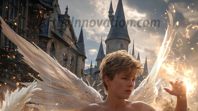 AI male art photos with a fantastical atmosphere. Imagine a Hogwarts School of Witchcraft student, from the Harry Potter series, a handsome, beautiful, and attractive, shirtless young teenage boy, standing firm against a threat. With a detailed Hogwarts castle background, casting a powerful spell, conjuring creatures based on their assigned house crest. From Demonic snakes, powerful lions, fierce badgers, or a murder of Crows. Dementors floating ominously in a cloudy sky, and sparks, shadows, and cinematic lighting, offering an otherworldly vibe.