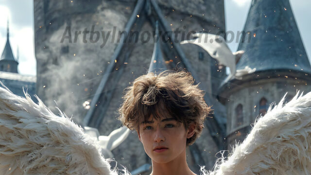 AI male art photos with a fantastical atmosphere. Imagine a Hogwarts School of Witchcraft student, from the Harry Potter series, a handsome, beautiful, and attractive, shirtless young teenage boy, standing firm against a threat. With a detailed Hogwarts castle background, casting a powerful spell, conjuring creatures based on their assigned house crest. From Demonic snakes, powerful lions, fierce badgers, or a murder of Crows. Dementors floating ominously in a cloudy sky, and sparks, shadows, and cinematic lighting, offering an otherworldly vibe.