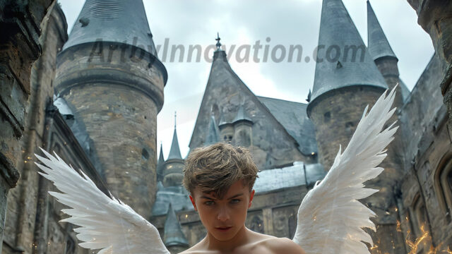 AI male art photos with a fantastical atmosphere. Imagine a Hogwarts School of Witchcraft student, from the Harry Potter series, a handsome, beautiful, and attractive, shirtless young teenage boy, standing firm against a threat. With a detailed Hogwarts castle background, casting a powerful spell, conjuring creatures based on their assigned house crest. From Demonic snakes, powerful lions, fierce badgers, or a murder of Crows. Dementors floating ominously in a cloudy sky, and sparks, shadows, and cinematic lighting, offering an otherworldly vibe.