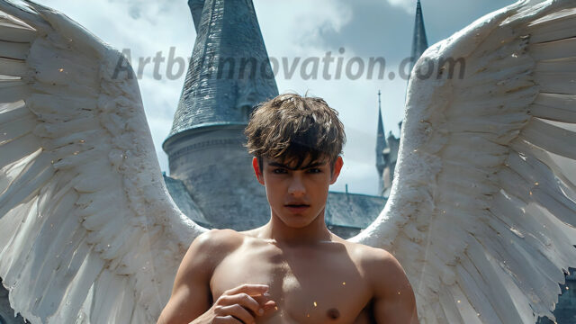AI male art photos with a fantastical atmosphere. Imagine a Hogwarts School of Witchcraft student, from the Harry Potter series, a handsome, beautiful, and attractive, shirtless young teenage boy, standing firm against a threat. With a detailed Hogwarts castle background, casting a powerful spell, conjuring creatures based on their assigned house crest. From Demonic snakes, powerful lions, fierce badgers, or a murder of Crows. Dementors floating ominously in a cloudy sky, and sparks, shadows, and cinematic lighting, offering an otherworldly vibe.