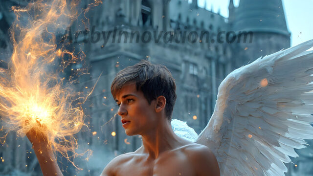 AI male art photos with a fantastical atmosphere. Imagine a Hogwarts School of Witchcraft student, from the Harry Potter series, a handsome, beautiful, and attractive, shirtless young teenage boy, standing firm against a threat. With a detailed Hogwarts castle background, casting a powerful spell, conjuring creatures based on their assigned house crest. From Demonic snakes, powerful lions, fierce badgers, or a murder of Crows. Dementors floating ominously in a cloudy sky, and sparks, shadows, and cinematic lighting, offering an otherworldly vibe.