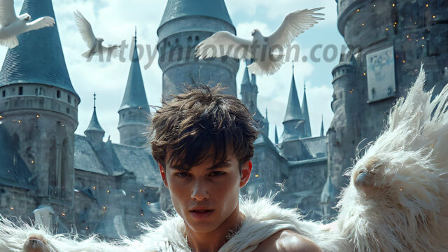 AI male art photos with a fantastical atmosphere. Imagine a Hogwarts School of Witchcraft student, from the Harry Potter series, a handsome, beautiful, and attractive, shirtless young teenage boy, standing firm against a threat. With a detailed Hogwarts castle background, casting a powerful spell, conjuring creatures based on their assigned house crest. From Demonic snakes, powerful lions, fierce badgers, or a murder of Crows. Dementors floating ominously in a cloudy sky, and sparks, shadows, and cinematic lighting, offering an otherworldly vibe.