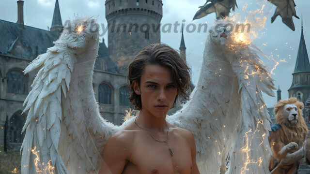 AI male art photos with a fantastical atmosphere. Imagine a Hogwarts School of Witchcraft student, from the Harry Potter series, a handsome, beautiful, and attractive, shirtless young teenage boy, standing firm against a threat. With a detailed Hogwarts castle background, casting a powerful spell, conjuring creatures based on their assigned house crest. From Demonic snakes, powerful lions, fierce badgers, or a murder of Crows. Dementors floating ominously in a cloudy sky, and sparks, shadows, and cinematic lighting, offering an otherworldly vibe.