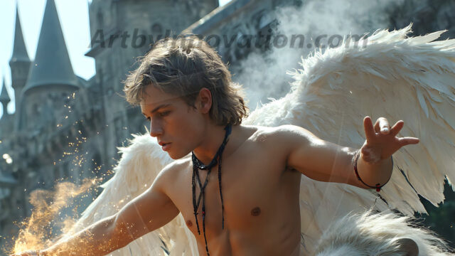 AI male art photos with a fantastical atmosphere. Imagine a Hogwarts School of Witchcraft student, from the Harry Potter series, a handsome, beautiful, and attractive, shirtless young teenage boy, standing firm against a threat. With a detailed Hogwarts castle background, casting a powerful spell, conjuring creatures based on their assigned house crest. From Demonic snakes, powerful lions, fierce badgers, or a murder of Crows. Dementors floating ominously in a cloudy sky, and sparks, shadows, and cinematic lighting, offering an otherworldly vibe.