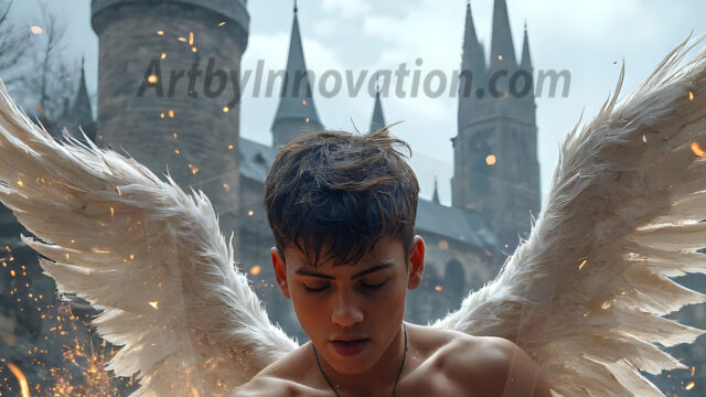 AI male art photos with a fantastical atmosphere. Imagine a Hogwarts School of Witchcraft student, from the Harry Potter series, a handsome, beautiful, and attractive, shirtless young teenage boy, standing firm against a threat. With a detailed Hogwarts castle background, casting a powerful spell, conjuring creatures based on their assigned house crest. From Demonic snakes, powerful lions, fierce badgers, or a murder of Crows. Dementors floating ominously in a cloudy sky, and sparks, shadows, and cinematic lighting, offering an otherworldly vibe.