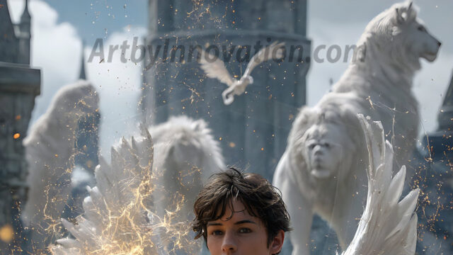 AI male art photos with a fantastical atmosphere. Imagine a Hogwarts School of Witchcraft student, from the Harry Potter series, a handsome, beautiful, and attractive, shirtless young teenage boy, standing firm against a threat. With a detailed Hogwarts castle background, casting a powerful spell, conjuring creatures based on their assigned house crest. From Demonic snakes, powerful lions, fierce badgers, or a murder of Crows. Dementors floating ominously in a cloudy sky, and sparks, shadows, and cinematic lighting, offering an otherworldly vibe.