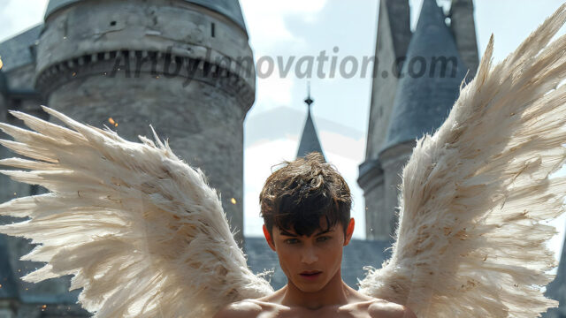 AI male art photos with a fantastical atmosphere. Imagine a Hogwarts School of Witchcraft student, from the Harry Potter series, a handsome, beautiful, and attractive, shirtless young teenage boy, standing firm against a threat. With a detailed Hogwarts castle background, casting a powerful spell, conjuring creatures based on their assigned house crest. From Demonic snakes, powerful lions, fierce badgers, or a murder of Crows. Dementors floating ominously in a cloudy sky, and sparks, shadows, and cinematic lighting, offering an otherworldly vibe.