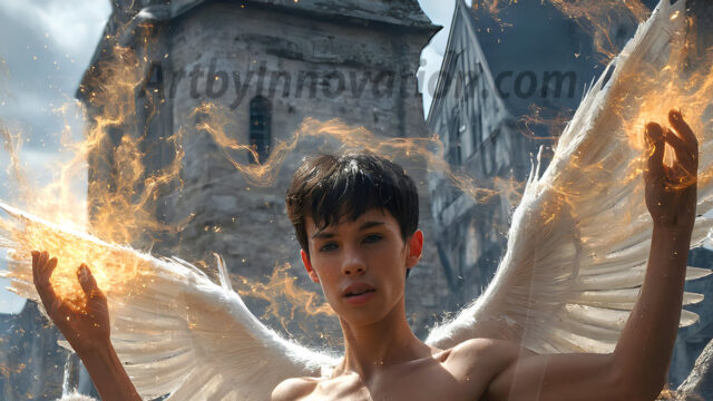 AI male art photos with a fantastical atmosphere. Imagine a Hogwarts School of Witchcraft student, from the Harry Potter series, a handsome, beautiful, and attractive, shirtless young teenage boy, standing firm against a threat. With a detailed Hogwarts castle background, casting a powerful spell, conjuring creatures based on their assigned house crest. From Demonic snakes, powerful lions, fierce badgers, or a murder of Crows. Dementors floating ominously in a cloudy sky, and sparks, shadows, and cinematic lighting, offering an otherworldly vibe.