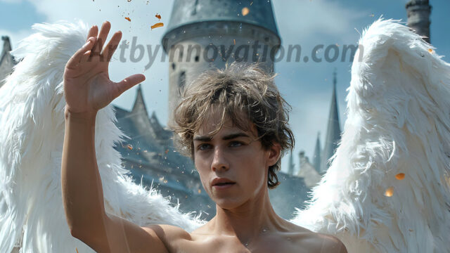 AI male art photos with a fantastical atmosphere. Imagine a Hogwarts School of Witchcraft student, from the Harry Potter series, a handsome, beautiful, and attractive, shirtless young teenage boy, standing firm against a threat. With a detailed Hogwarts castle background, casting a powerful spell, conjuring creatures based on their assigned house crest. From Demonic snakes, powerful lions, fierce badgers, or a murder of Crows. Dementors floating ominously in a cloudy sky, and sparks, shadows, and cinematic lighting, offering an otherworldly vibe.