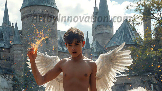 AI male art photos with a fantastical atmosphere. Imagine a Hogwarts School of Witchcraft student, from the Harry Potter series, a handsome, beautiful, and attractive, shirtless young teenage boy, standing firm against a threat. With a detailed Hogwarts castle background, casting a powerful spell, conjuring creatures based on their assigned house crest. From Demonic snakes, powerful lions, fierce badgers, or a murder of Crows. Dementors floating ominously in a cloudy sky, and sparks, shadows, and cinematic lighting, offering an otherworldly vibe.