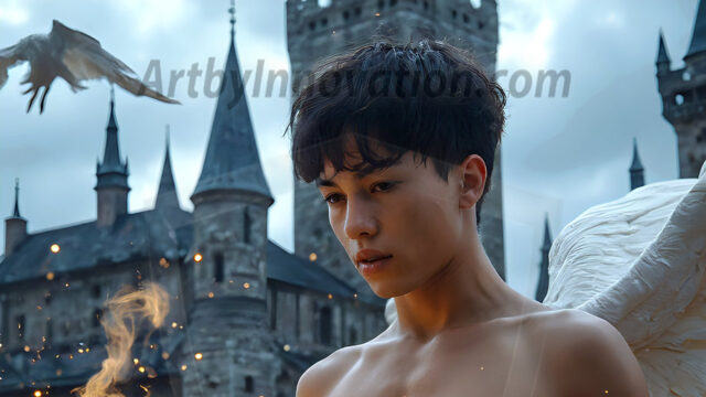 AI male art photos with a fantastical atmosphere. Imagine a Hogwarts School of Witchcraft student, from the Harry Potter series, a handsome, beautiful, and attractive, shirtless young teenage boy, standing firm against a threat. With a detailed Hogwarts castle background, casting a powerful spell, conjuring creatures based on their assigned house crest. From Demonic snakes, powerful lions, fierce badgers, or a murder of Crows. Dementors floating ominously in a cloudy sky, and sparks, shadows, and cinematic lighting, offering an otherworldly vibe.