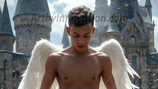 AI male art photos with a fantastical atmosphere. Imagine a Hogwarts School of Witchcraft student, from the Harry Potter series, a handsome, beautiful, and attractive, shirtless young teenage boy, standing firm against a threat. With a detailed Hogwarts castle background, casting a powerful spell, conjuring creatures based on their assigned house crest. From Demonic snakes, powerful lions, fierce badgers, or a murder of Crows. Dementors floating ominously in a cloudy sky, and sparks, shadows, and cinematic lighting, offering an otherworldly vibe.