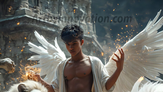 AI male art photos with a fantastical atmosphere. Imagine a Hogwarts School of Witchcraft student, from the Harry Potter series, a handsome, beautiful, and attractive, shirtless young teenage boy, standing firm against a threat. With a detailed Hogwarts castle background, casting a powerful spell, conjuring creatures based on their assigned house crest. From Demonic snakes, powerful lions, fierce badgers, or a murder of Crows. Dementors floating ominously in a cloudy sky, and sparks, shadows, and cinematic lighting, offering an otherworldly vibe.